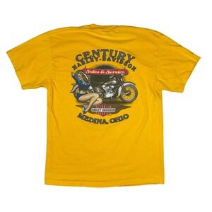 Harley Davidson Pinup T-Shirt Men's Large Yellow Medina Ohio‎ 2010 Graphic Tee